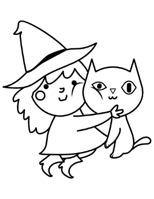 Cute Witch and Cat Coloring Page