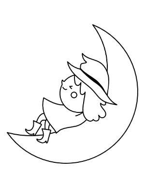 Cute Witch and Moon Coloring Page