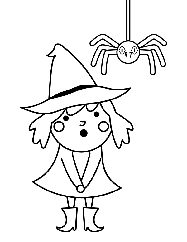 Cute Witch and Spider Coloring Page