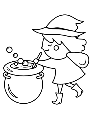 Cute Witch Stirring Cauldron Coloring Page