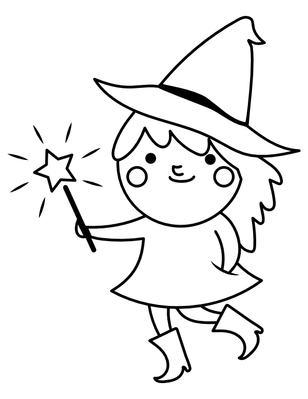 Cute Witch With Wand Coloring Page