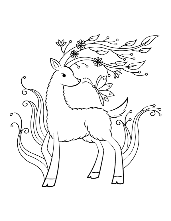 Deer and Butterfly Coloring Page