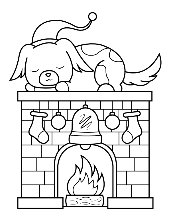 Dog and Christmas Fireplace Coloring Page