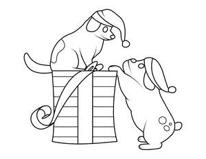 Dogs and Christmas Present Coloring Page