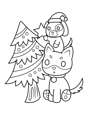 Dogs Decorating Christmas Tree Coloring Page