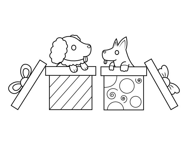 Dogs In Gift Boxes Coloring Page
