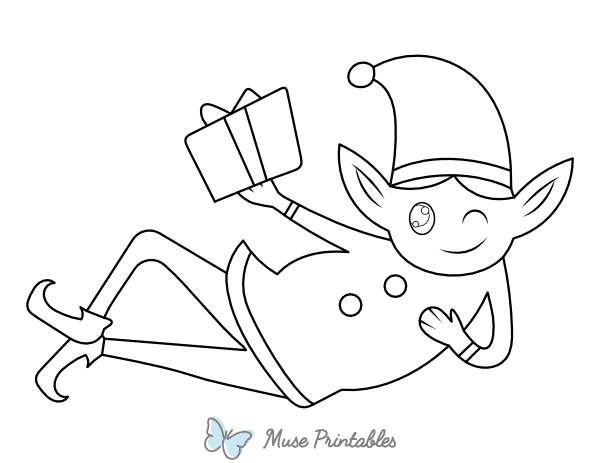 Elf and Christmas Gift Coloring Page