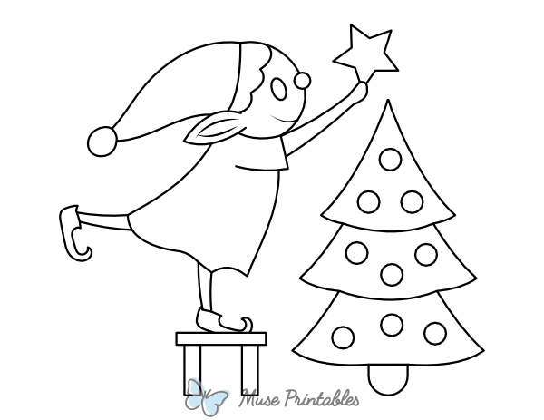 Elf Decorating Christmas Tree Coloring Page