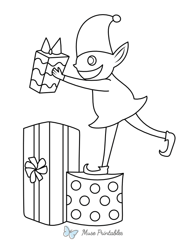 Elf Stacking Christmas Presents Coloring Page