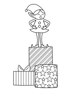 Elf Standing on Christmas Gifts Coloring Page