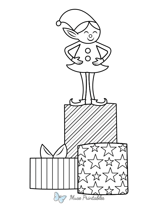 Elf Standing on Christmas Gifts Coloring Page