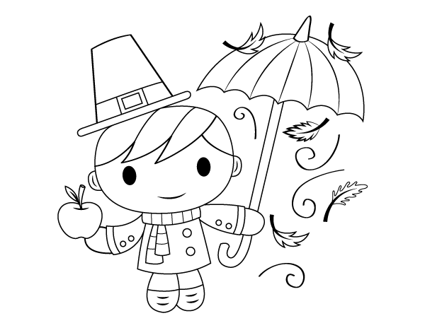 Fall Kid With Umbrella Coloring Page