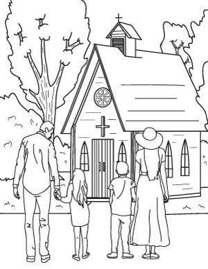 Family Going to Church Coloring Page