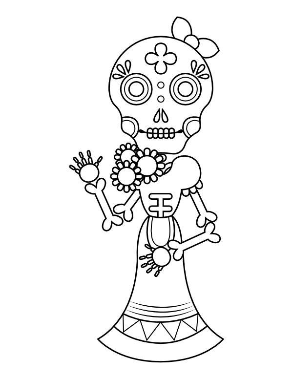 Printable Female Day of the Dead Skeleton Coloring Page