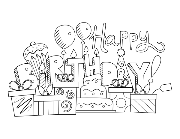 Download Printable Festive Happy Birthday Coloring Page