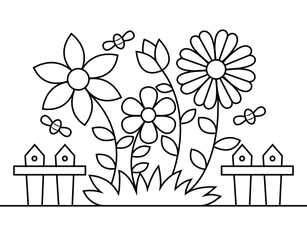 Flowers and Fence Coloring Page