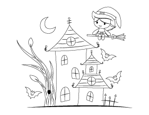 Flying Witch and Haunted House Coloring Page