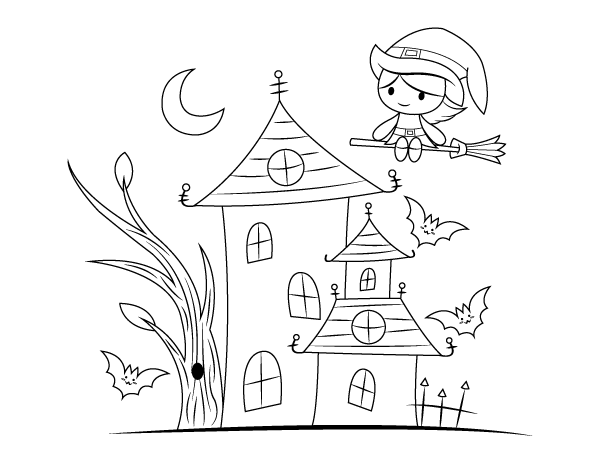 Flying Witch and Haunted House Coloring Page