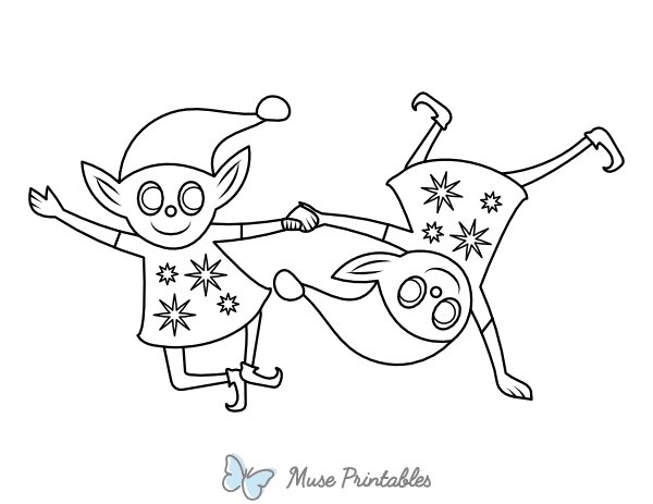 Frolicking Christmas Elves Coloring Page