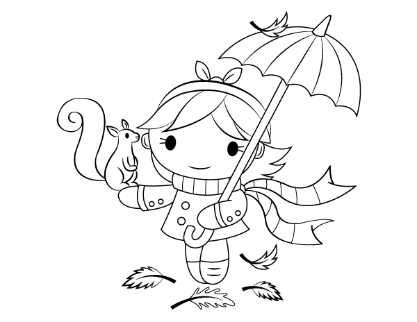 The girl with the umbrella - Kawaii Kids Coloring Pages