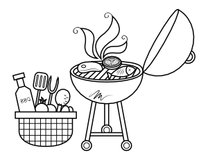 Grill with Barbecue Supplies and Utensils Coloring Page