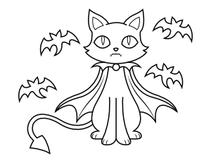 Halloween Cat and Bats Coloring Page