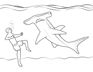 Hammerhead Shark and Swimmer Coloring Page