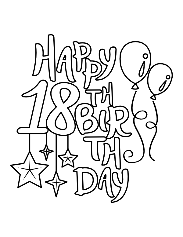Printable Happy 18th Birthday Balloons and Stars Coloring Page