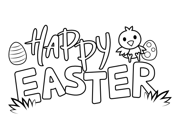 Happy Easter with Baby Chick and Eggs Coloring Page