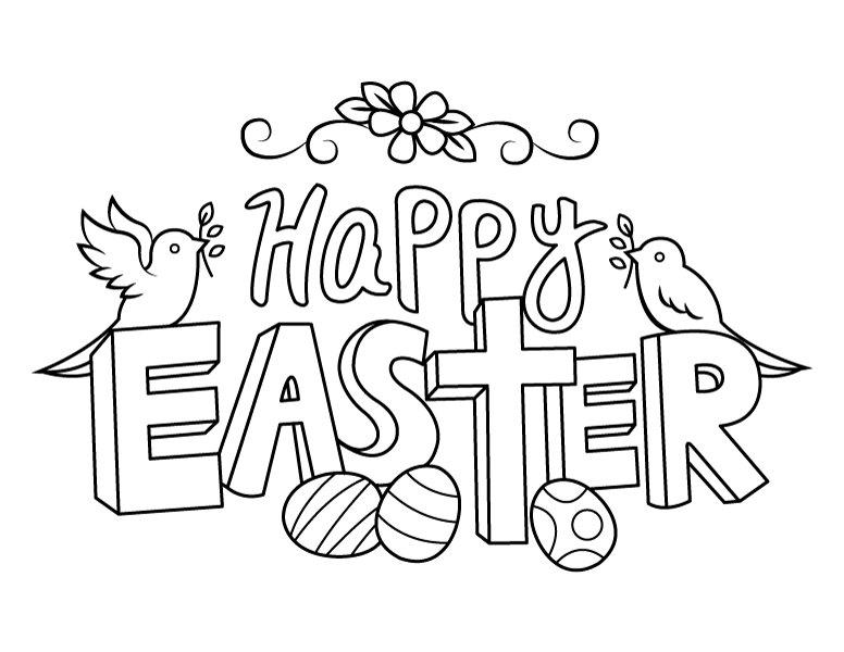 Happy Easter With Doves and Eggs Coloring Page