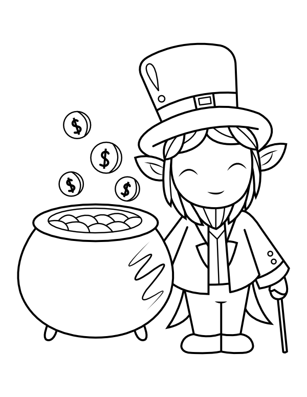 Happy Leprechaun with Pot of Gold Coloring Page