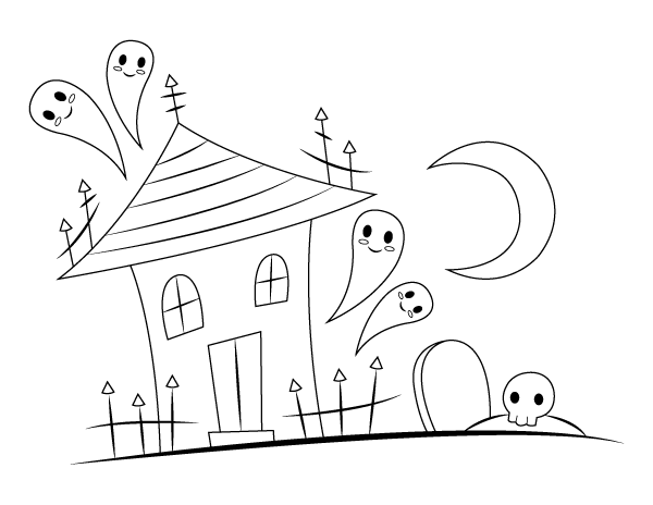 Haunted House and Graveyard Coloring Page
