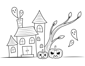 Haunted House and Jack-o'-lanterns Coloring Page
