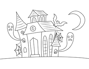 Haunted House With Bat and Ghosts Coloring Page