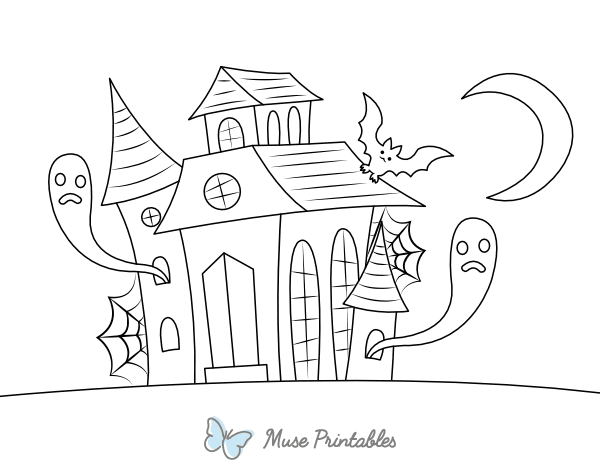 Haunted House With Bat and Ghosts Coloring Page