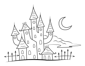 Haunted House with Clouds and Moon Coloring Page