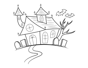 Haunted House with Flying Bats Coloring Page