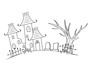 Haunted House with Graveyard Coloring Page