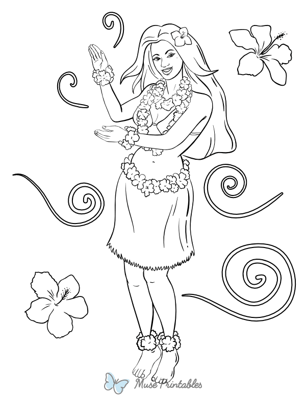 Hula Girl and Flowers Coloring Page