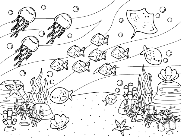 Kawaii Sea Life Coloring Page