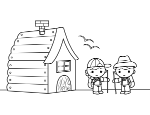 Kids and Cabin Coloring Page