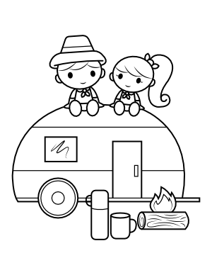 Kids and Camper Trailer Coloring Page