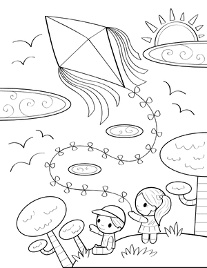 Kids Flying a Kite Coloring Page