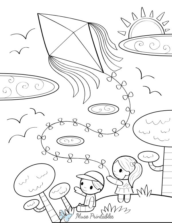 Kids Flying a Kite Coloring Page