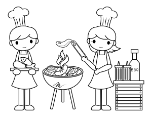 Man and Woman Barbecuing Coloring Page