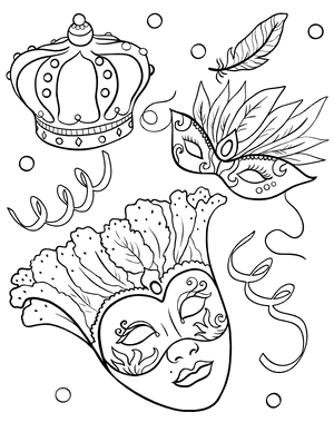 Mardi Gras Crown and Masks Coloring Page