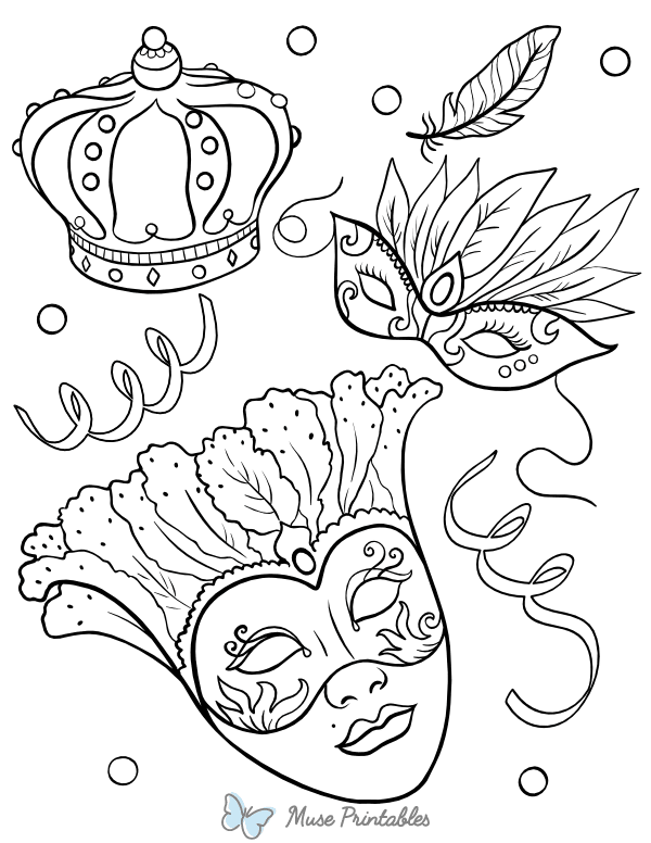 Mardi Gras Crown and Masks Coloring Page