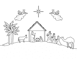 Nativity Scene With Angels Coloring Page