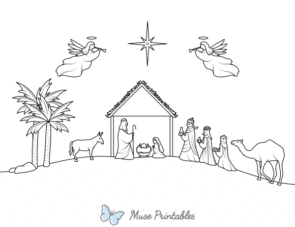 Nativity Scene With Angels Coloring Page