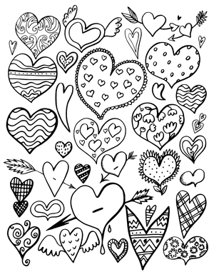 Patterned Hearts Coloring Page